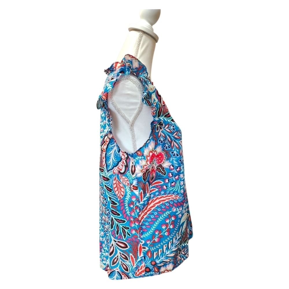 Talbots Botanical Paisley Ruffle Trim Shell Teal Turquoise Pink Floral, Medium - Picture 7 of 13